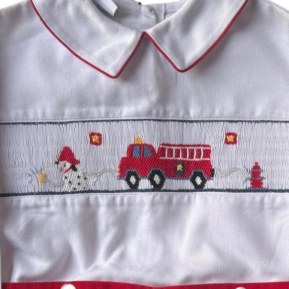 Anavini Smocked Button-On Shortall Outfit Firetruck 2 - Picture 3 of 6
